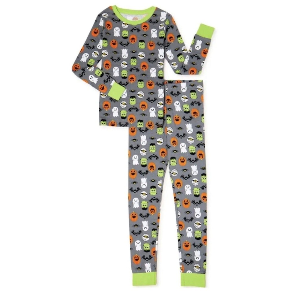 Boys Halloween 2 Piece Pajama Set - Gray Ghosts, Frankenstein, Pumpkin - Size 5
